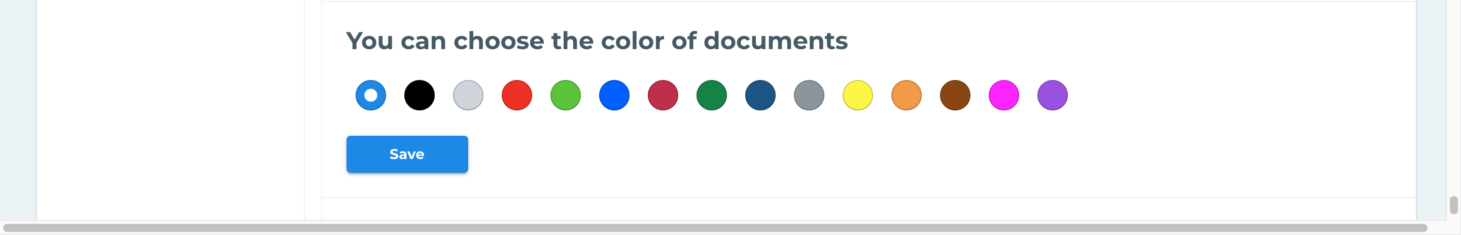 The colour selector shows the available document colours and the Save button.