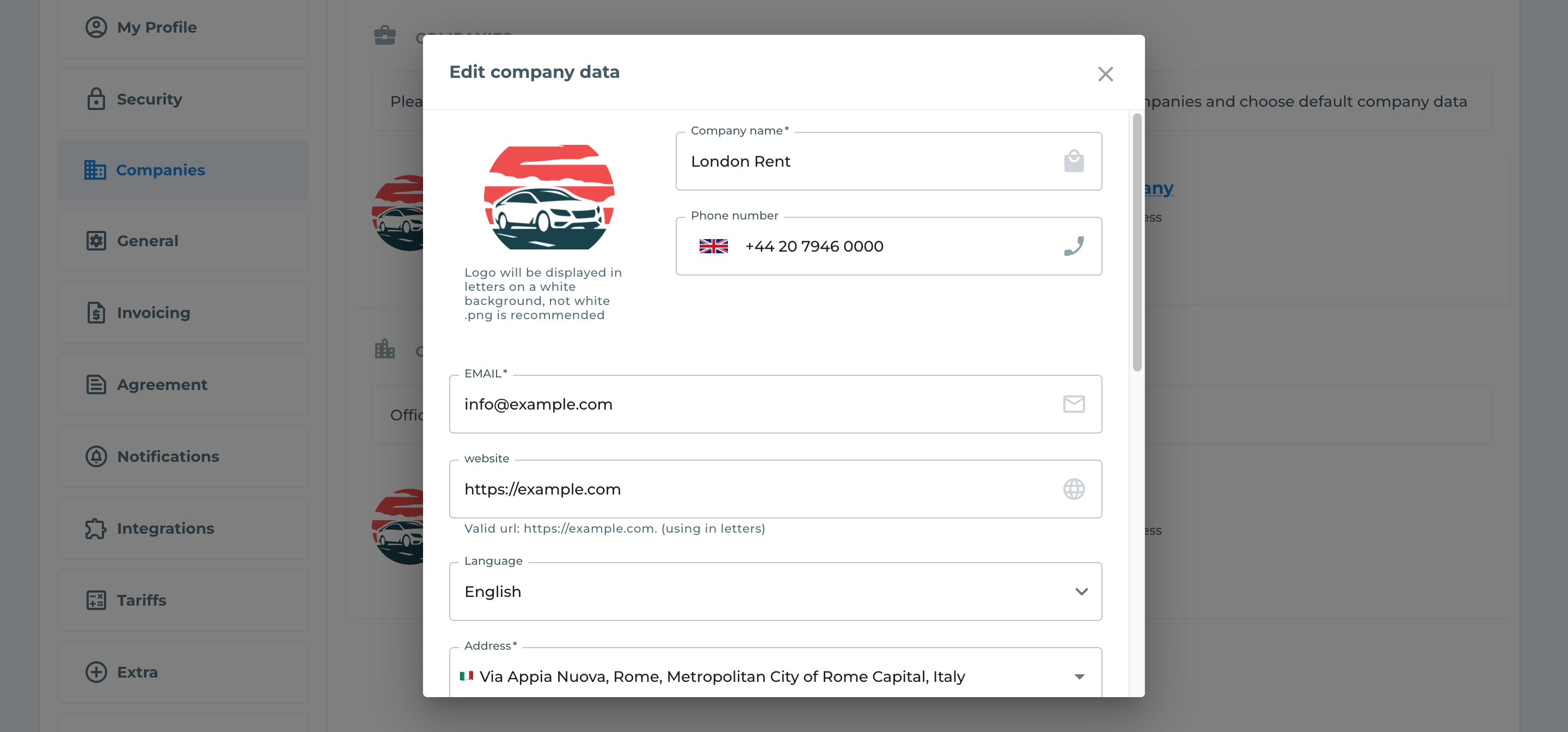 The Edit company data dialog shows the logo, the company name, the phone number, the email address, the website and the address.