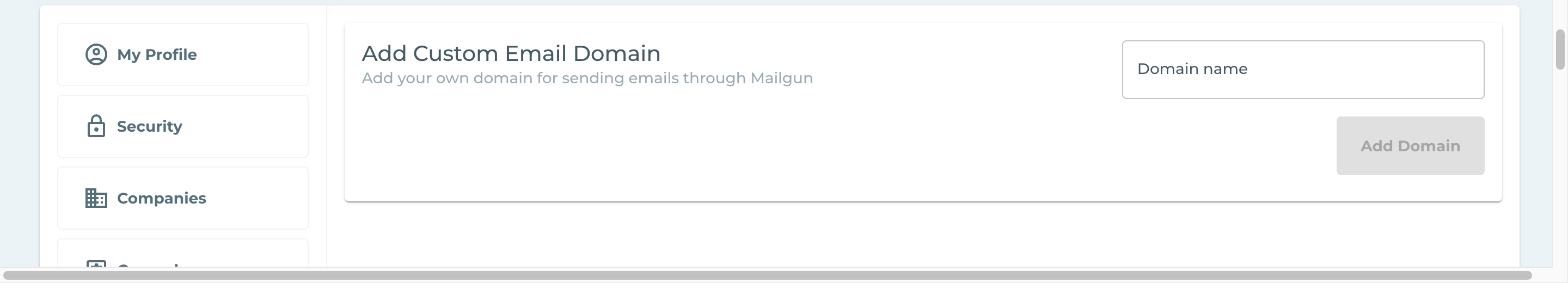 The Add Custom Email Domain panel shows the Domain name field and the Add Domain button.