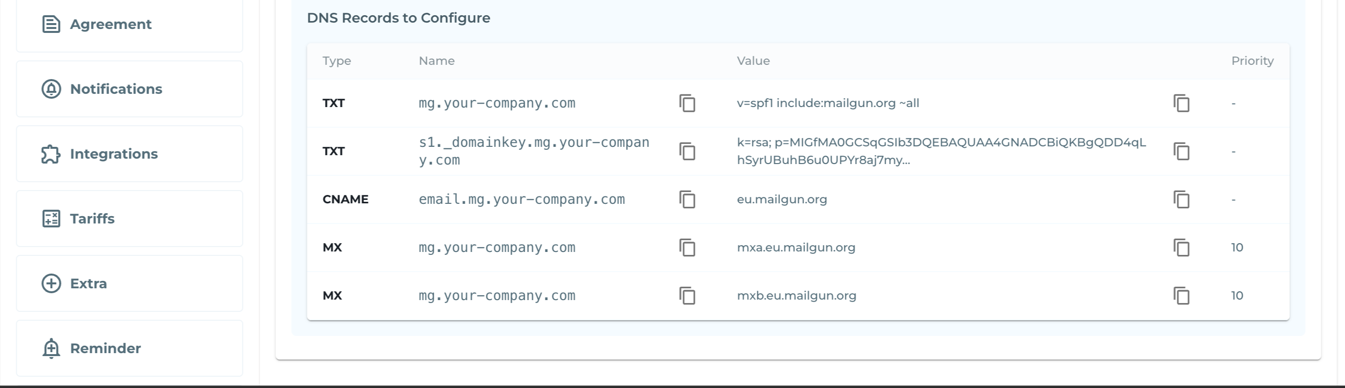 The DNS records table shows the Type, Name, Value and Priority columns, and a Copy button for each Name and each Value.